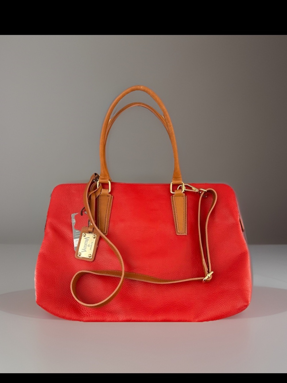 Valentina Large Red Leather Tote Shoulder Strap Hand Bag Italy New 11.5x17”